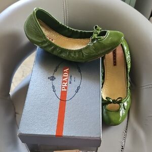 Prada Glossy Olive Green Patent Leather Ballet Flats with Bow